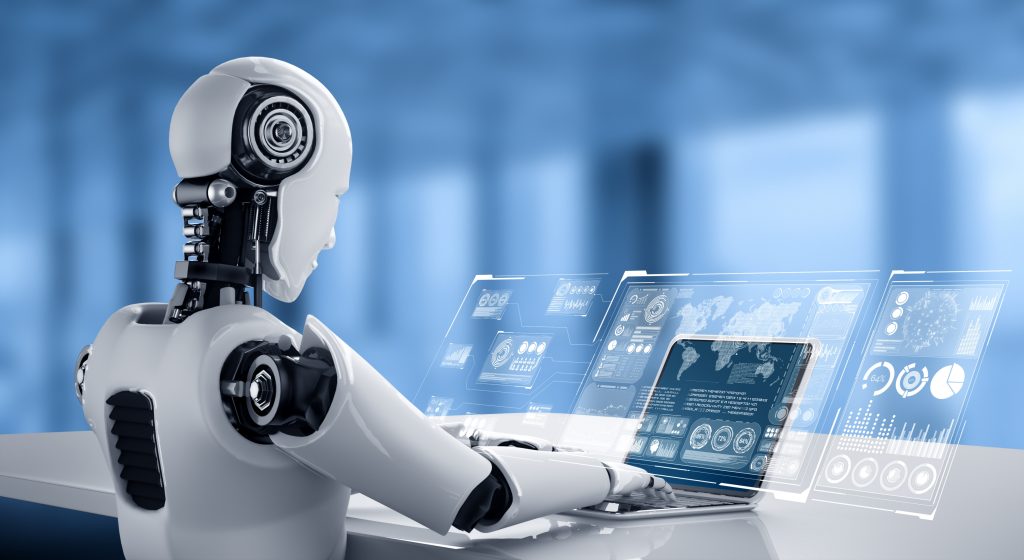 A humanoid robot using a laptop for big data analytics